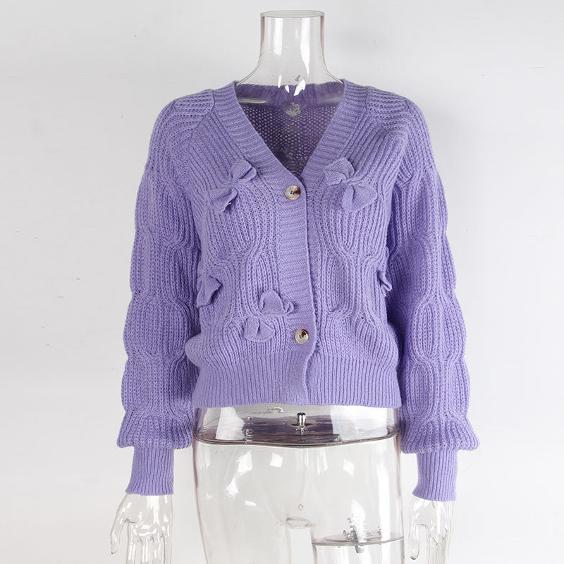 Women's Bow Cropped Cardigan - Long Sleeve V-Neck Button Down Knit Sweater Top