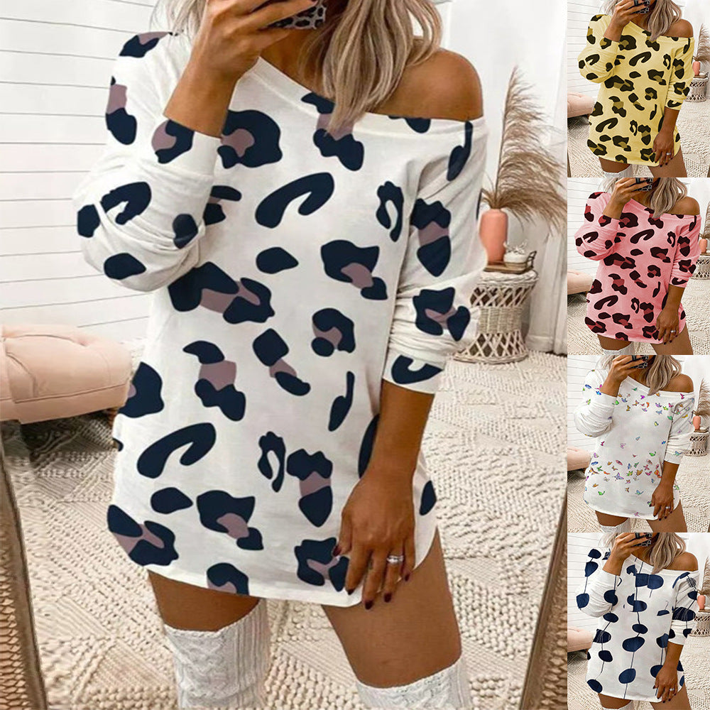 Women's Leopard Print Off Shoulder Long Sleeve T-Shirt Dress