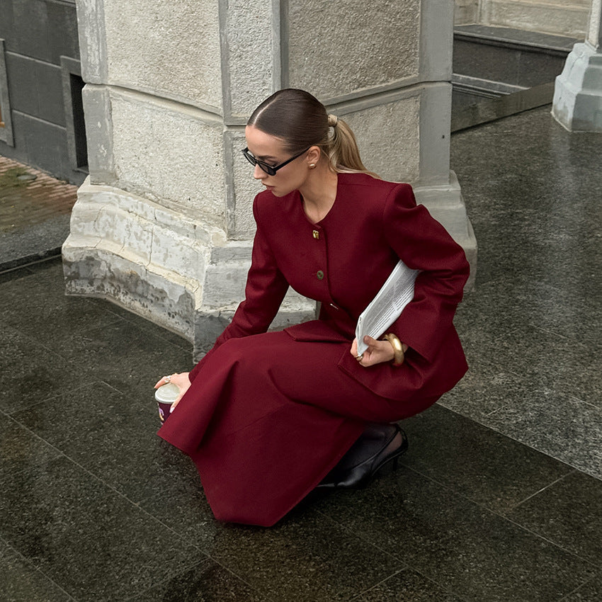 Round-neck Long-sleeved Jacket With Slit Skirt Women's Fashion Casual Two-piece Set