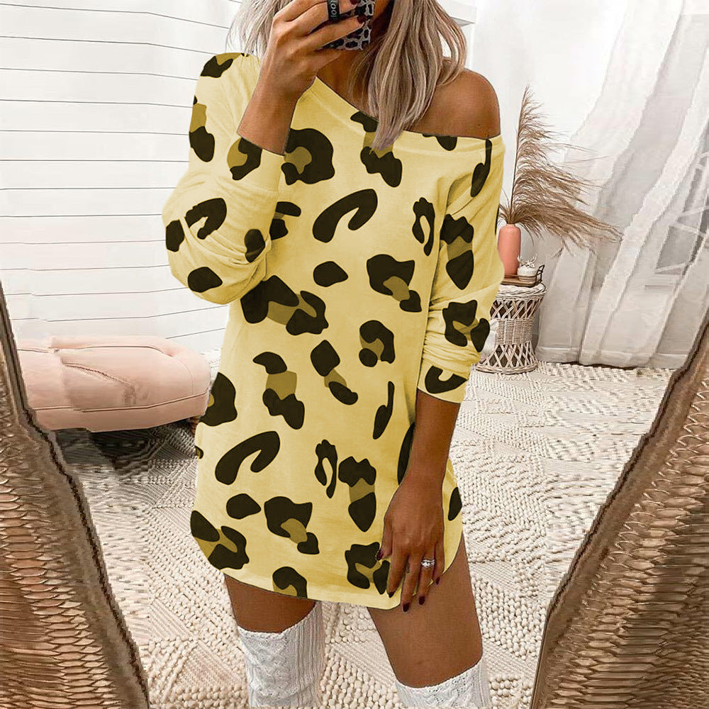 Women's Leopard Print Off Shoulder Long Sleeve T-Shirt Dress