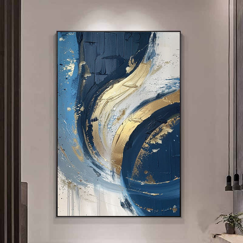 Luxury Handmade Abstract Oil Painting Wall Art Modern Golden Blue Minimalist Texture Canvas Mural For Living Room Decor Frameless