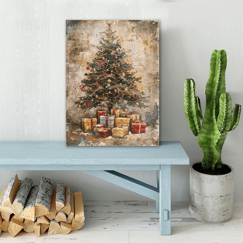 A Canvas Oil Painting With A Wooden Frame, Depicting A Vintage Christmas Tree With Gifts Under It Decorating The Living Room.