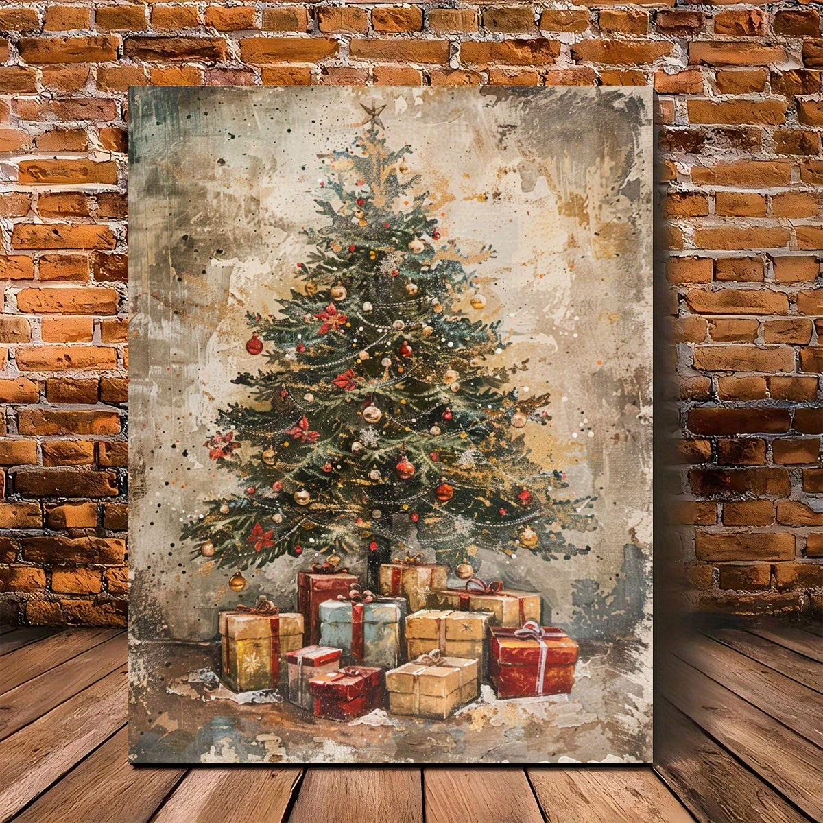 A Canvas Oil Painting With A Wooden Frame, Depicting A Vintage Christmas Tree With Gifts Under It Decorating The Living Room.