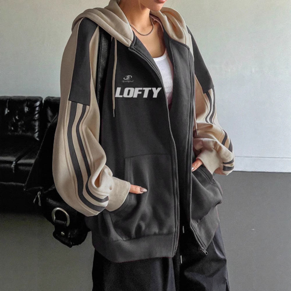 Retro Style Patchwork Color-blocked Hooded Sweatshirt For Women