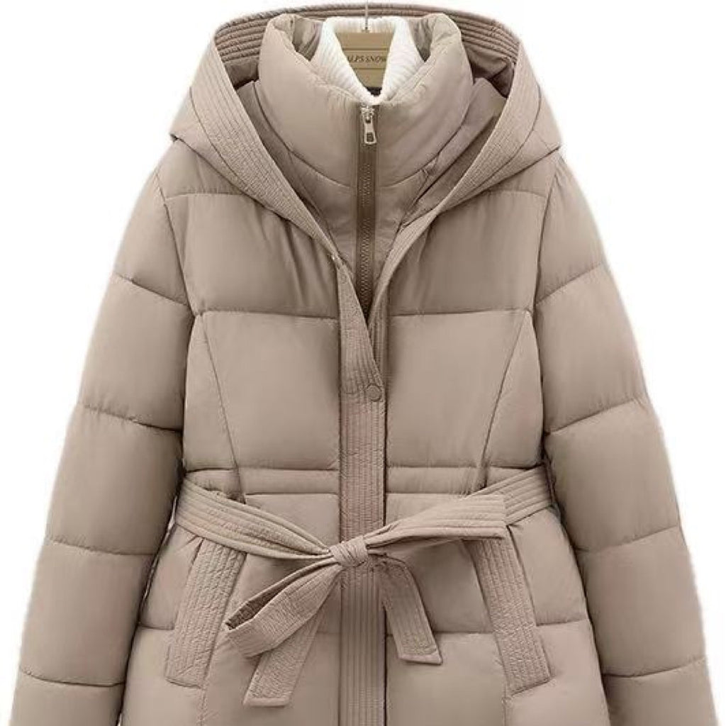 Women's Short Waist-cinching Slim-fit Hooded Tie-front Warm Coat