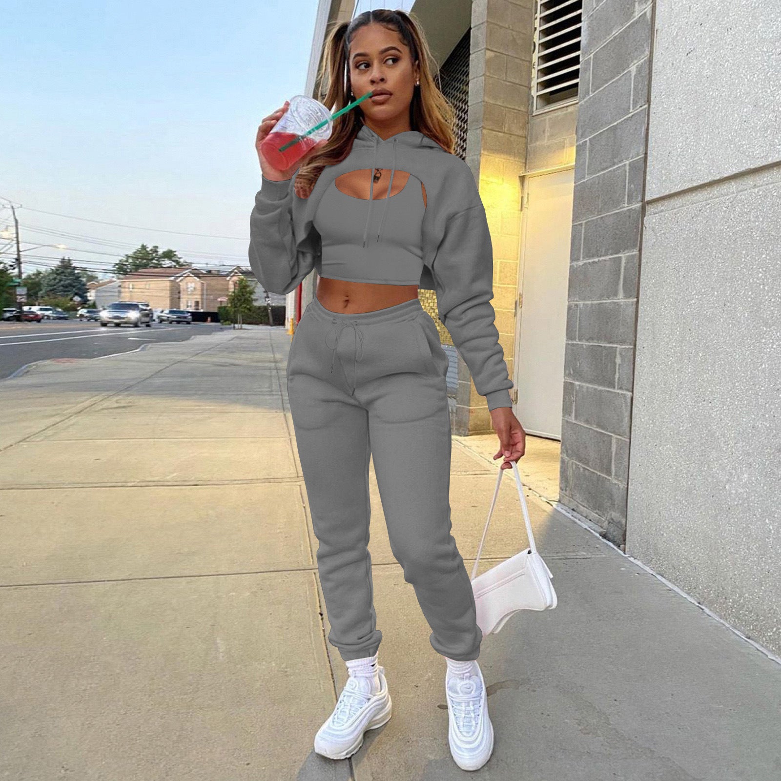 Three-piece Solid Color Hooded Sweatshirt Long-sleeved Drawstring Trousers Vest