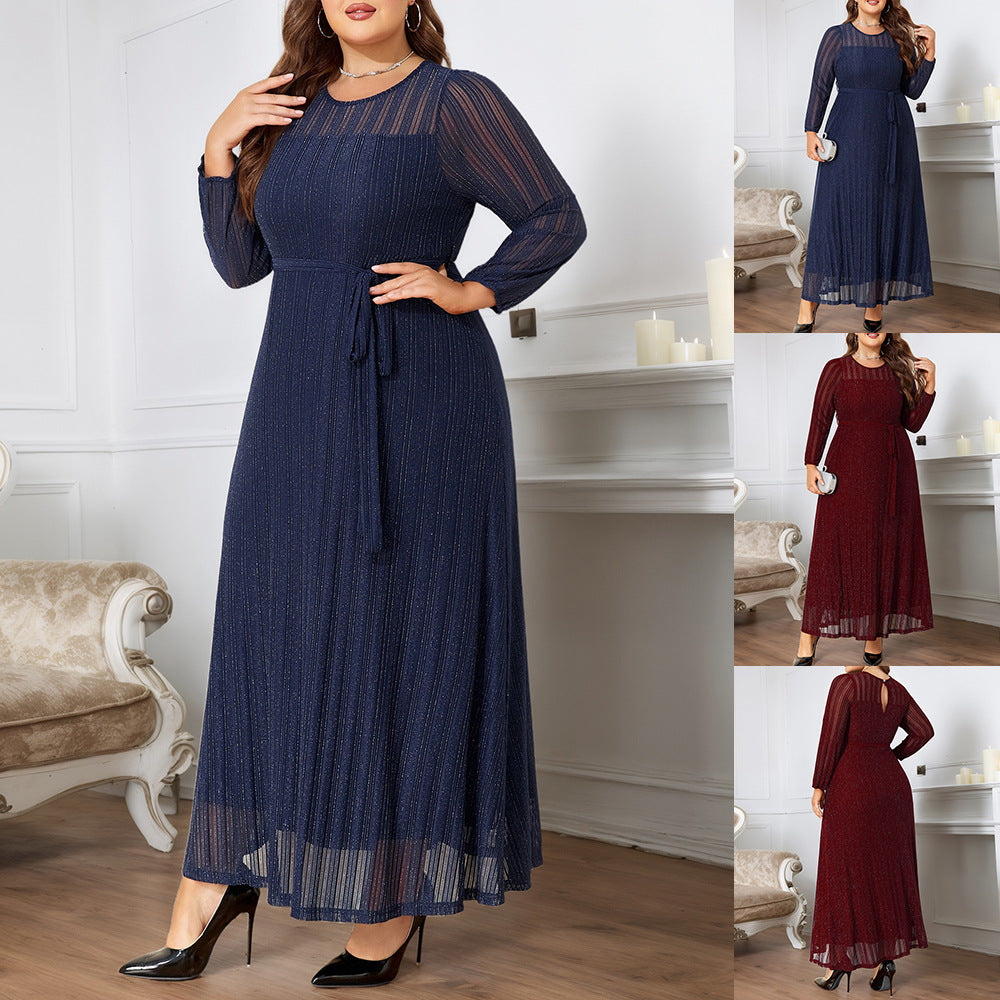 Silver Powder Shiny Elegant Lace-up See-through Plus-size Slim Elegant Women's Dress