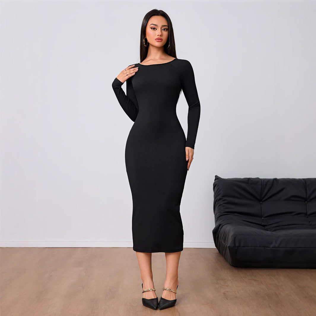 Women's Fashion Simple Dress Autumn Winter Sexy Backless Bodycon Midi Skirt