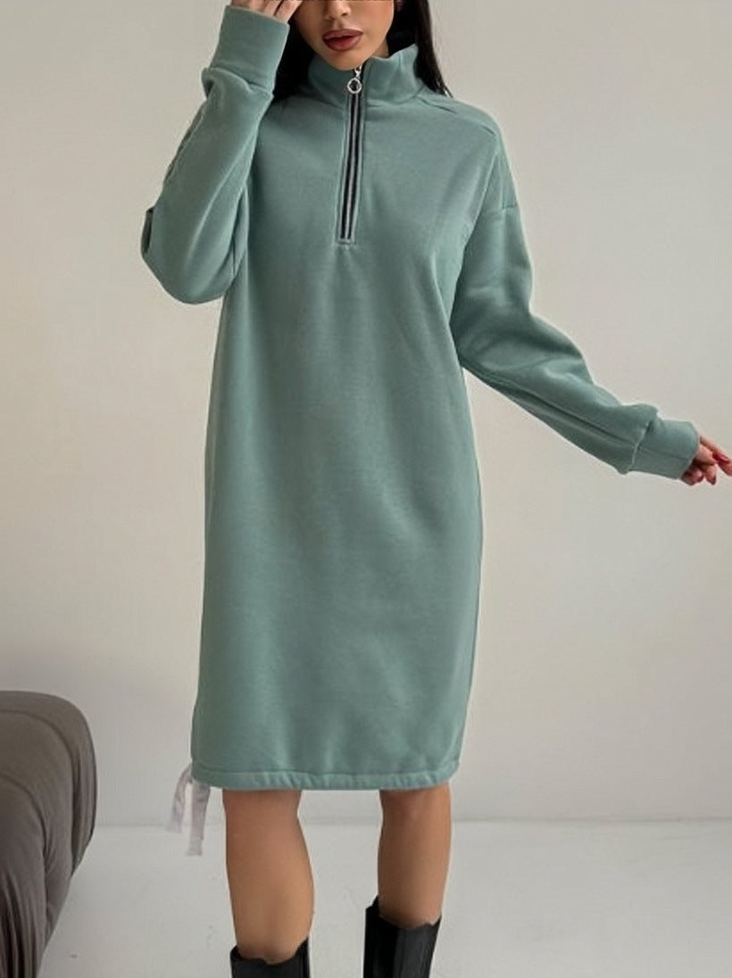High-neck Half-zip Sweatshirt Dress Warm Fleece Skirt