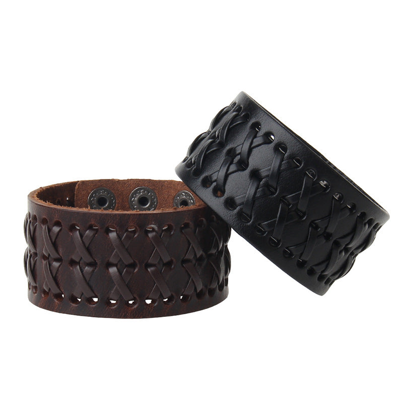 Retro Wide Leather Hand-strung Bracelet For Men And Women