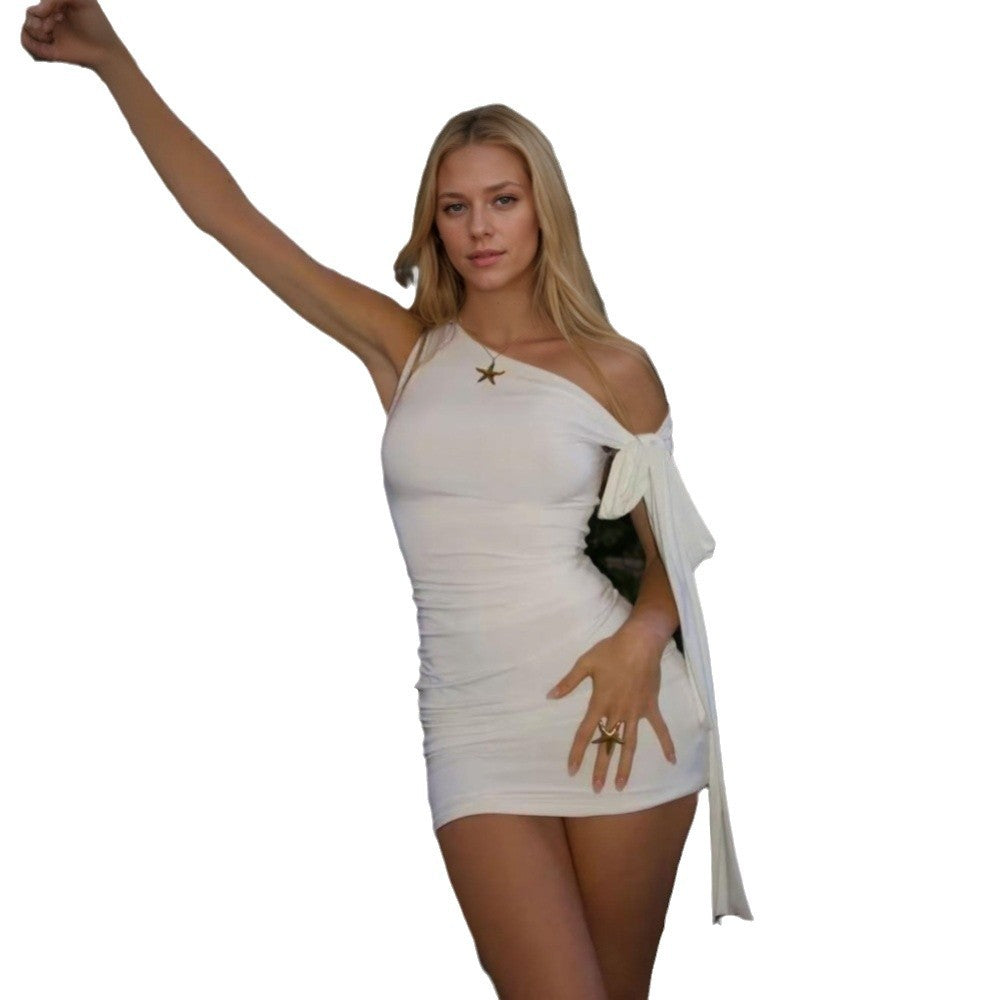 Sexy Socialite Style Dress New Springsummer Off-shoulder Short Dress With Diagonal Neckline