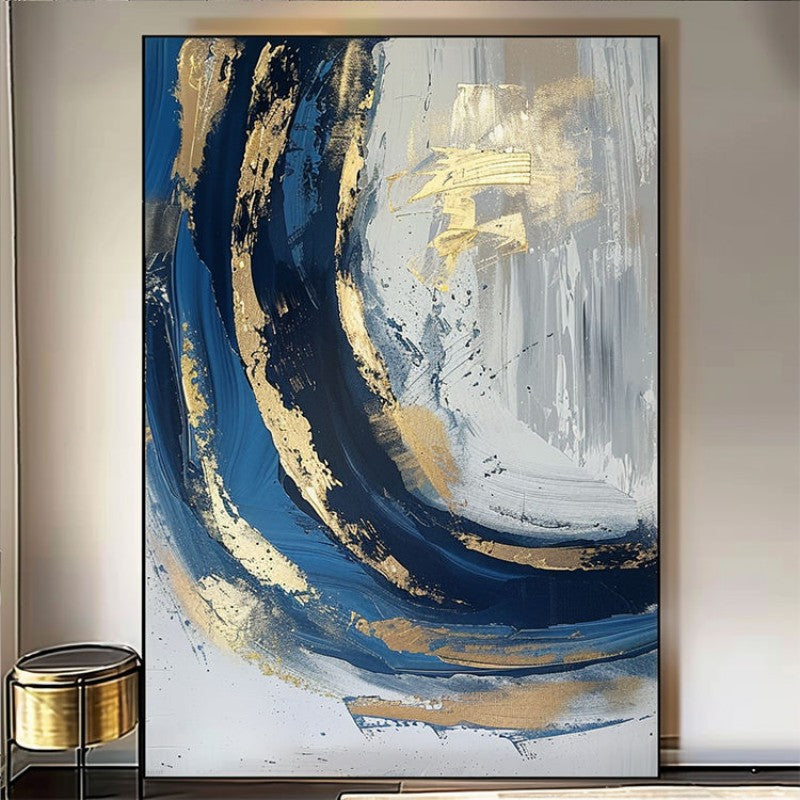 Luxury Handmade Abstract Oil Painting Wall Art Modern Golden Blue Minimalist Texture Canvas Mural For Living Room Decor Frameless