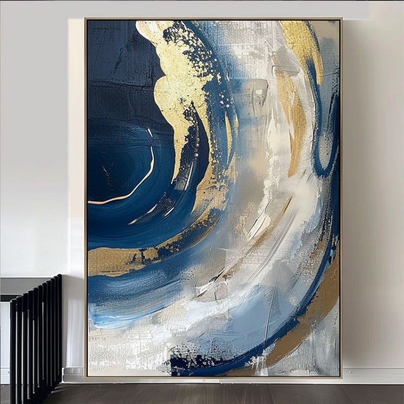 Luxury Handmade Abstract Oil Painting Wall Art Modern Golden Blue Minimalist Texture Canvas Mural For Living Room Decor Frameless