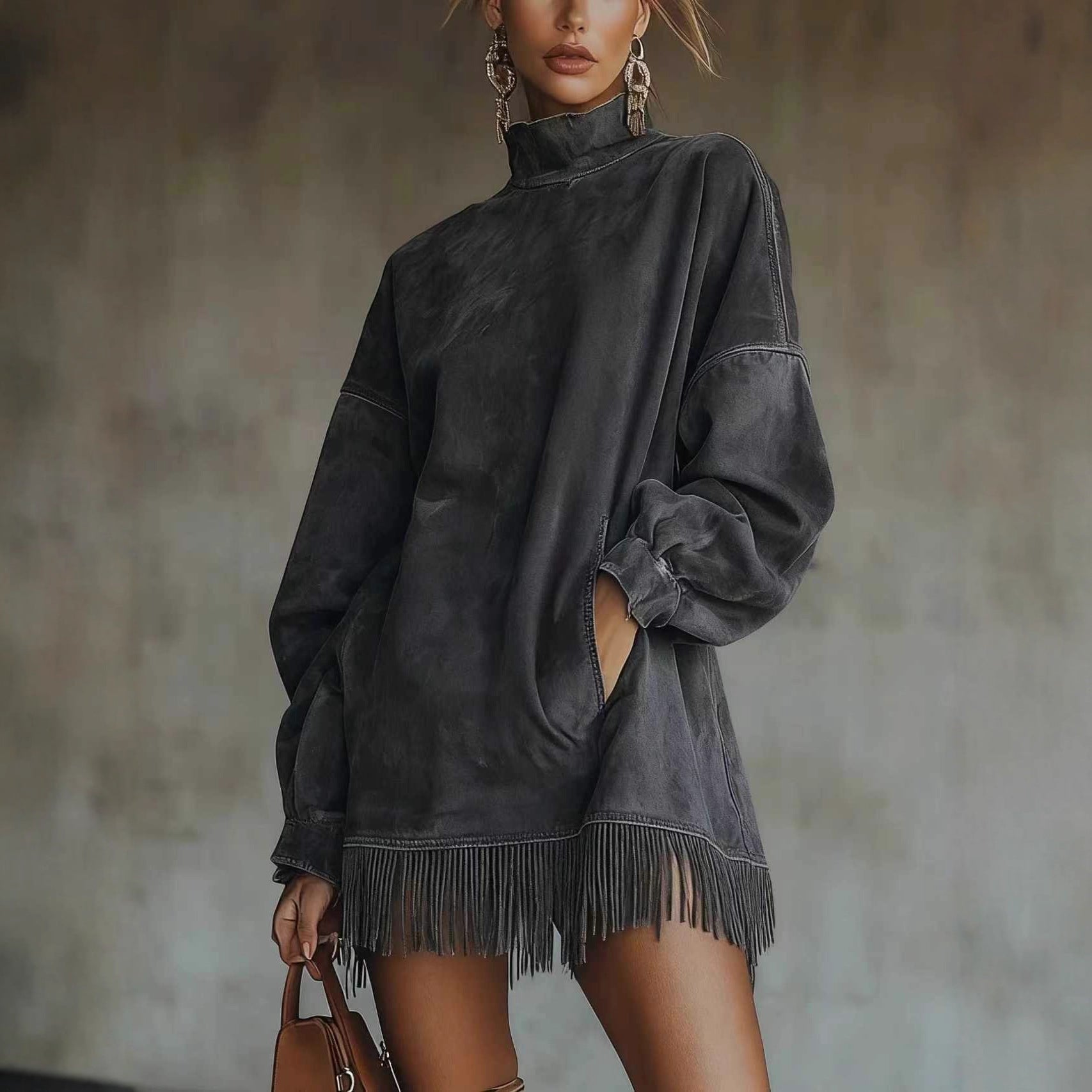 Loose Pockets Tassel Long Sleeve Suede Dress