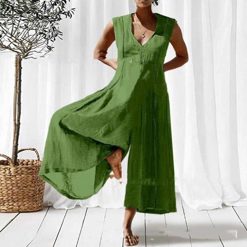 Loose V-neck Long Sleeveless Jumpsuit For Women