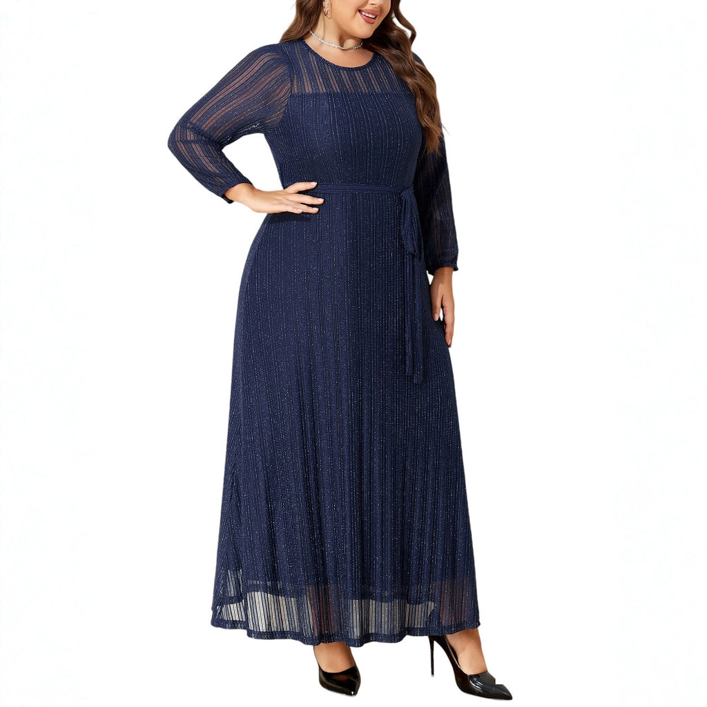 Silver Powder Shiny Elegant Lace-up See-through Plus-size Slim Elegant Women's Dress