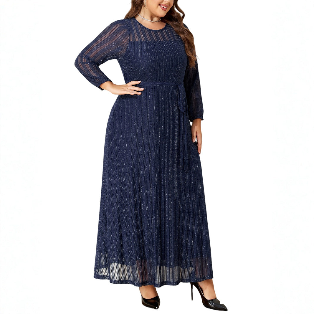 Silver Powder Shiny Elegant Lace-up See-through Plus-size Slim Elegant Women's Dress