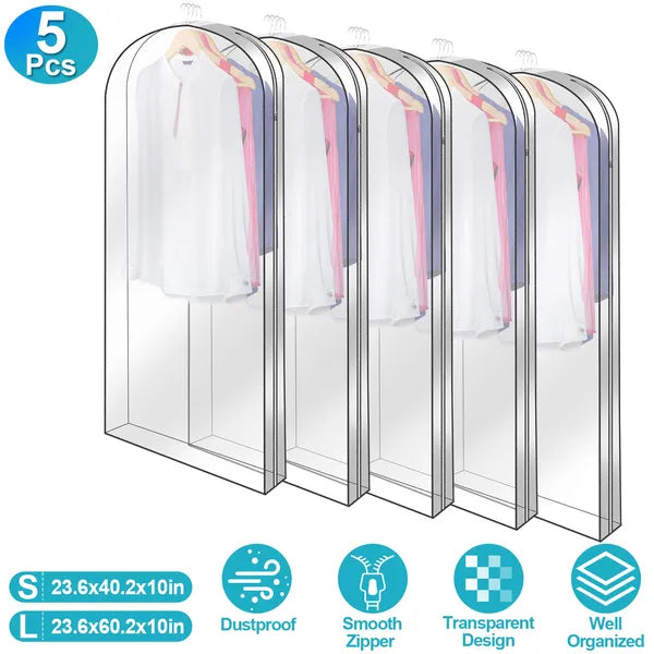 5 Pack Garment Bag For Hanging Clothes Dustproof Waterproof Hanging Clothes Storage Bag Clear Transparent Suits Cover For Sweater Jacket Coat Dress Shirt