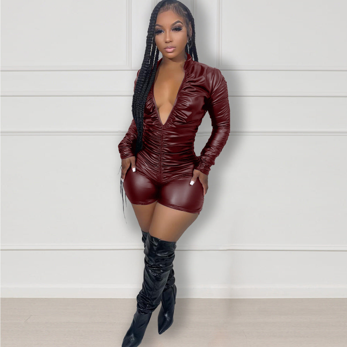 Fashion Pleated High-elasticity Leather Jumpsuit