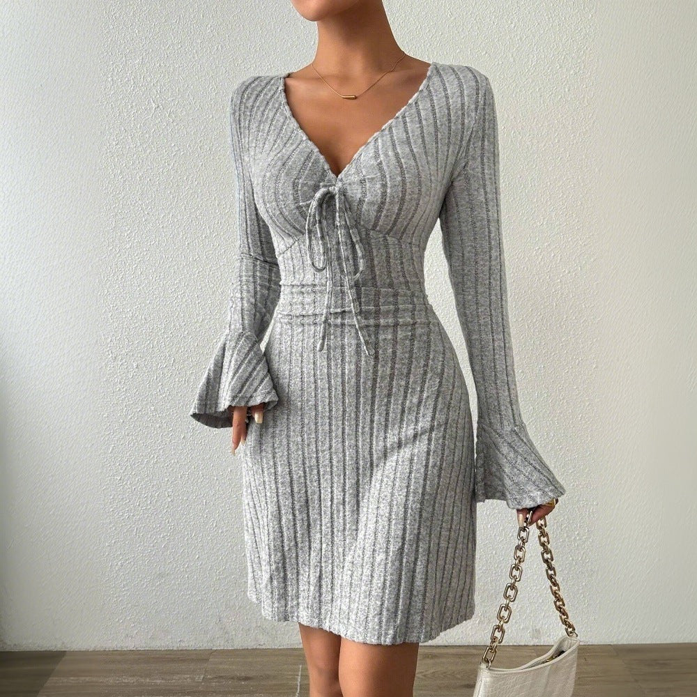 Women's Simple And Elegant Gray Dress With Flared Sleeves And Slim-fit Short Skirt