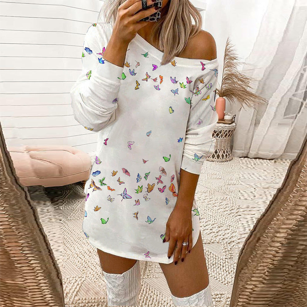 Women's Leopard Print Off Shoulder Long Sleeve T-Shirt Dress