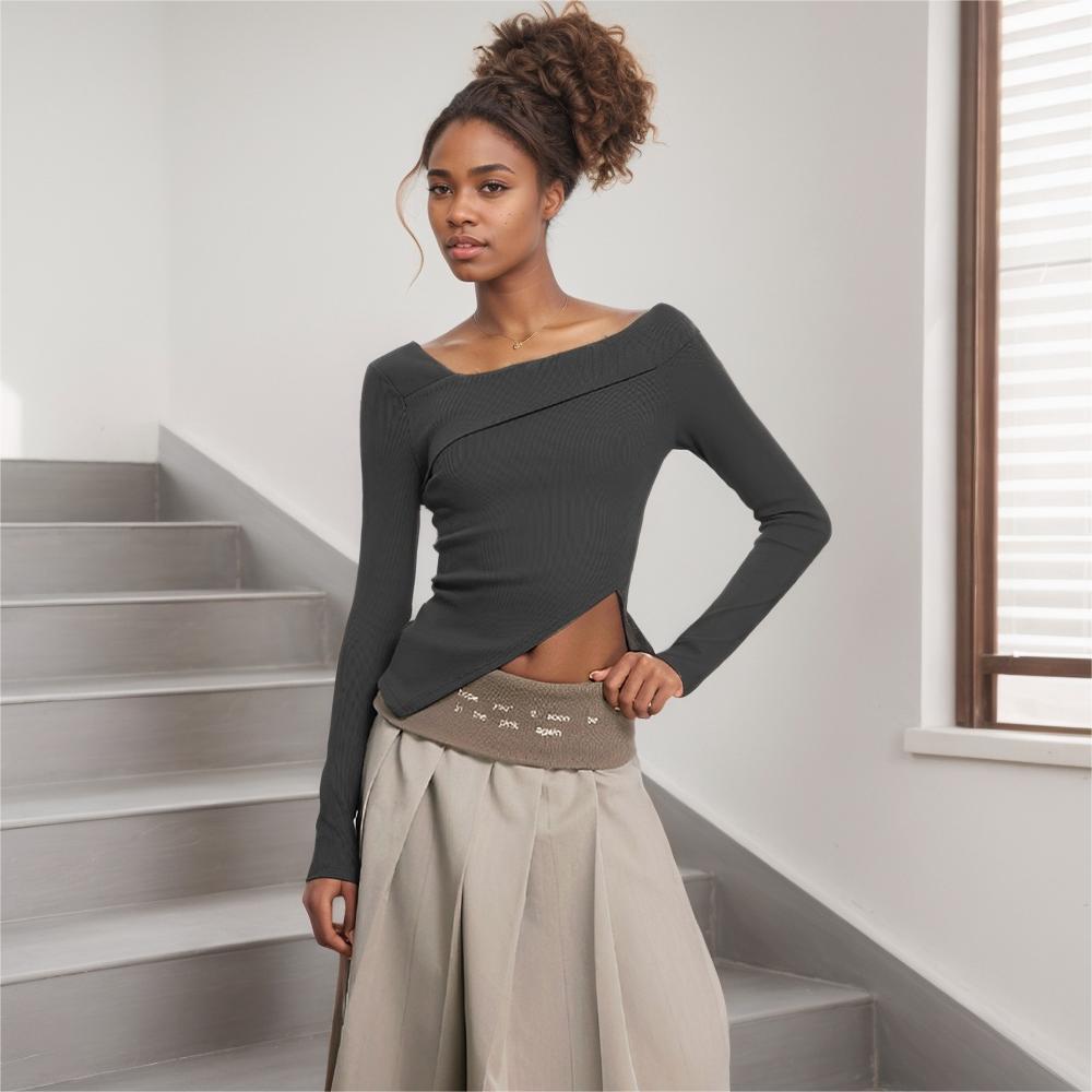 Long Sleeve Women's T-Shirt Autumn Winter Solid Color Slimming Slim Commute Elegant Versatile Korean Style
