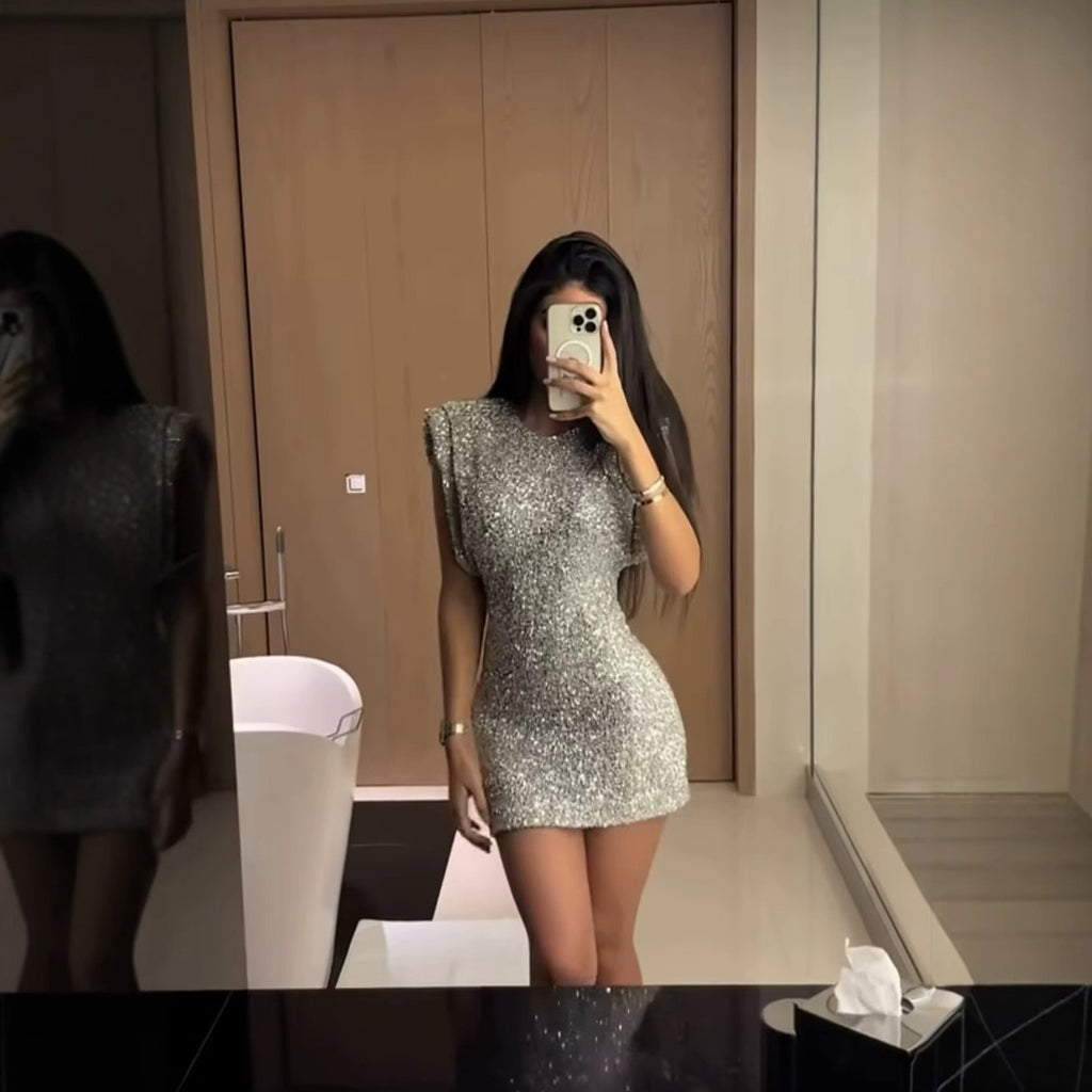 Sequins Decorated Sleeveless Shoulder Pad Sequin Dress