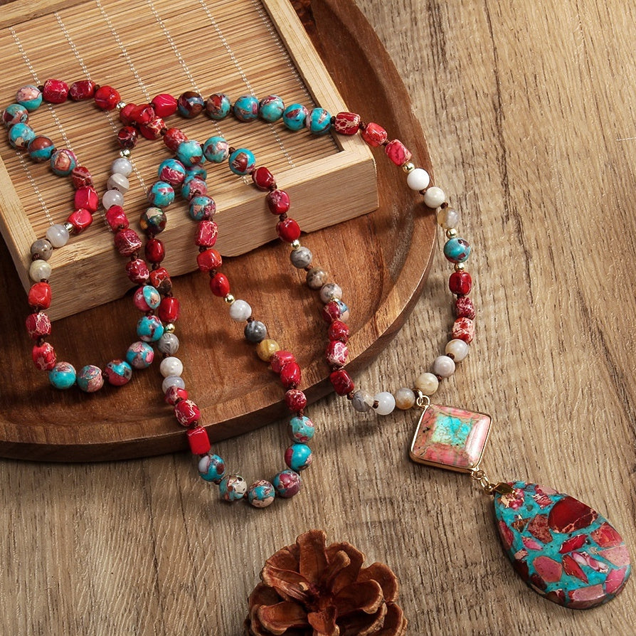 Natural Stone Knotted Necklace Diamond Drop Pendant Necklace