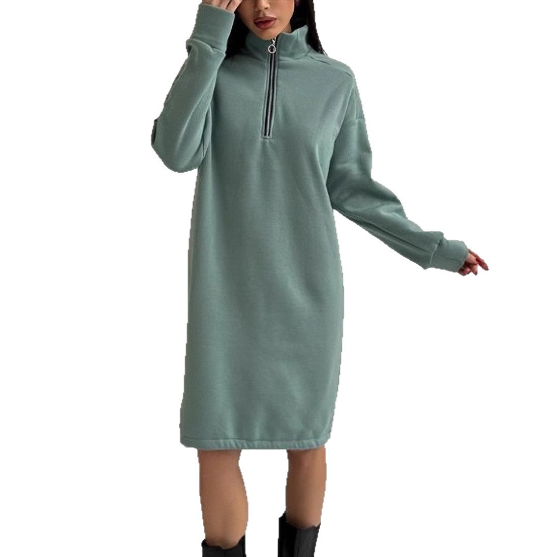 High-neck Half-zip Sweatshirt Dress Warm Fleece Skirt