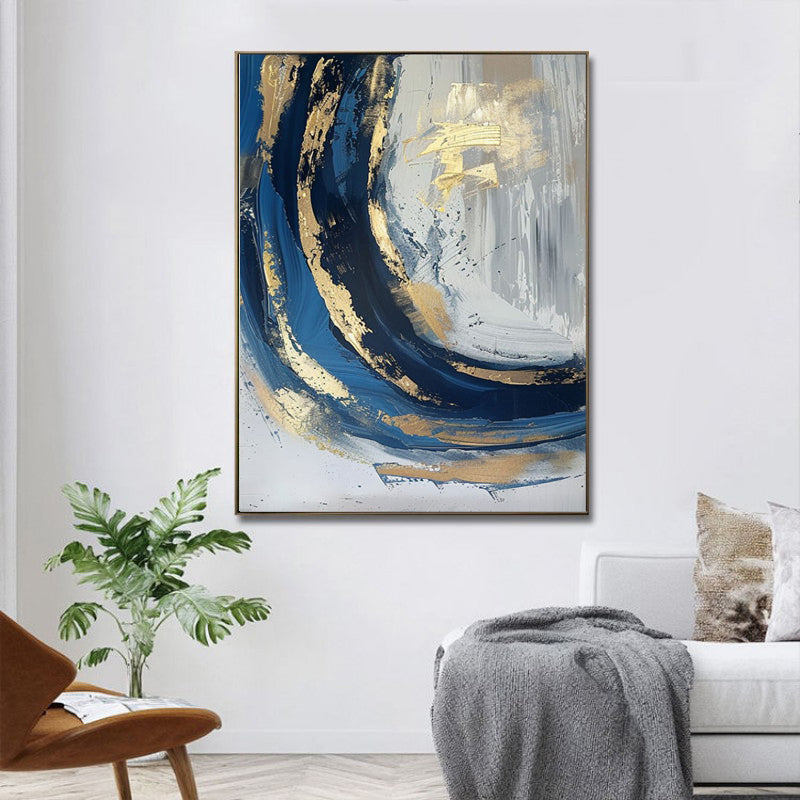 Luxury Handmade Abstract Oil Painting Wall Art Modern Golden Blue Minimalist Texture Canvas Mural For Living Room Decor Frameless