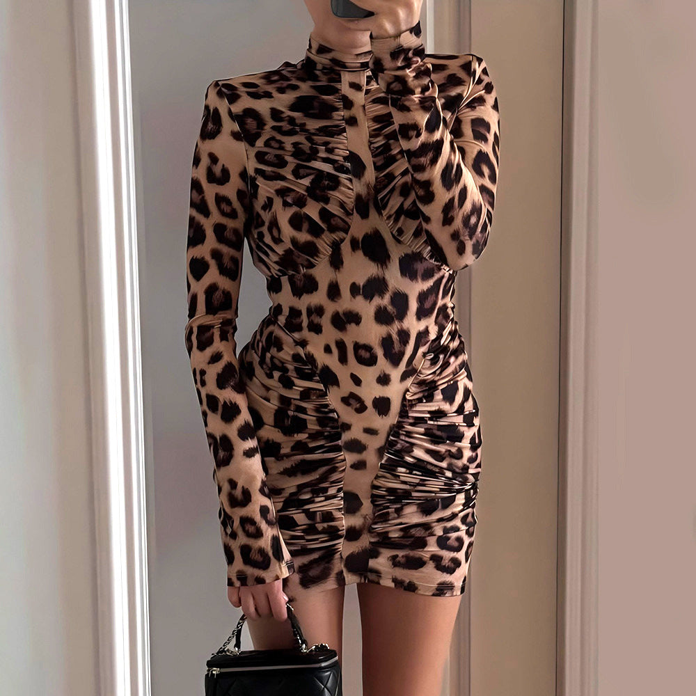 High-neck Leopard Print Tight Backless Bodycon Dress