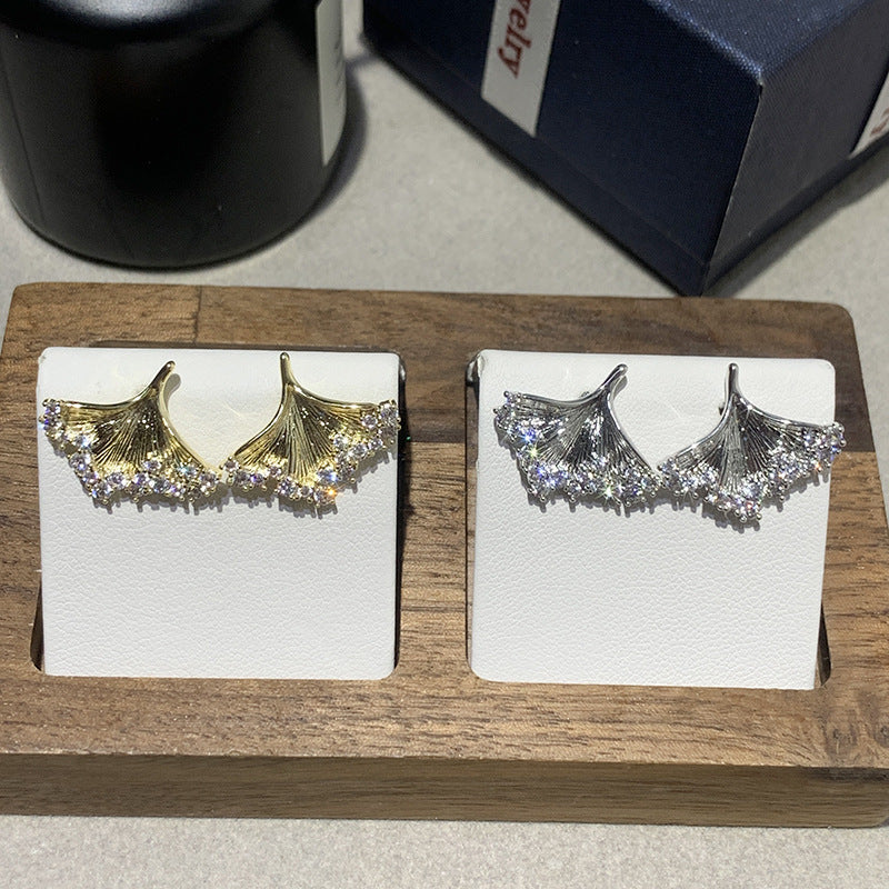 Silver Needle Studded Diamond Metal Ginkgo Leaf Earrings