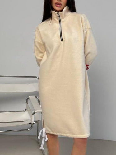 High-neck Half-zip Sweatshirt Dress Warm Fleece Skirt