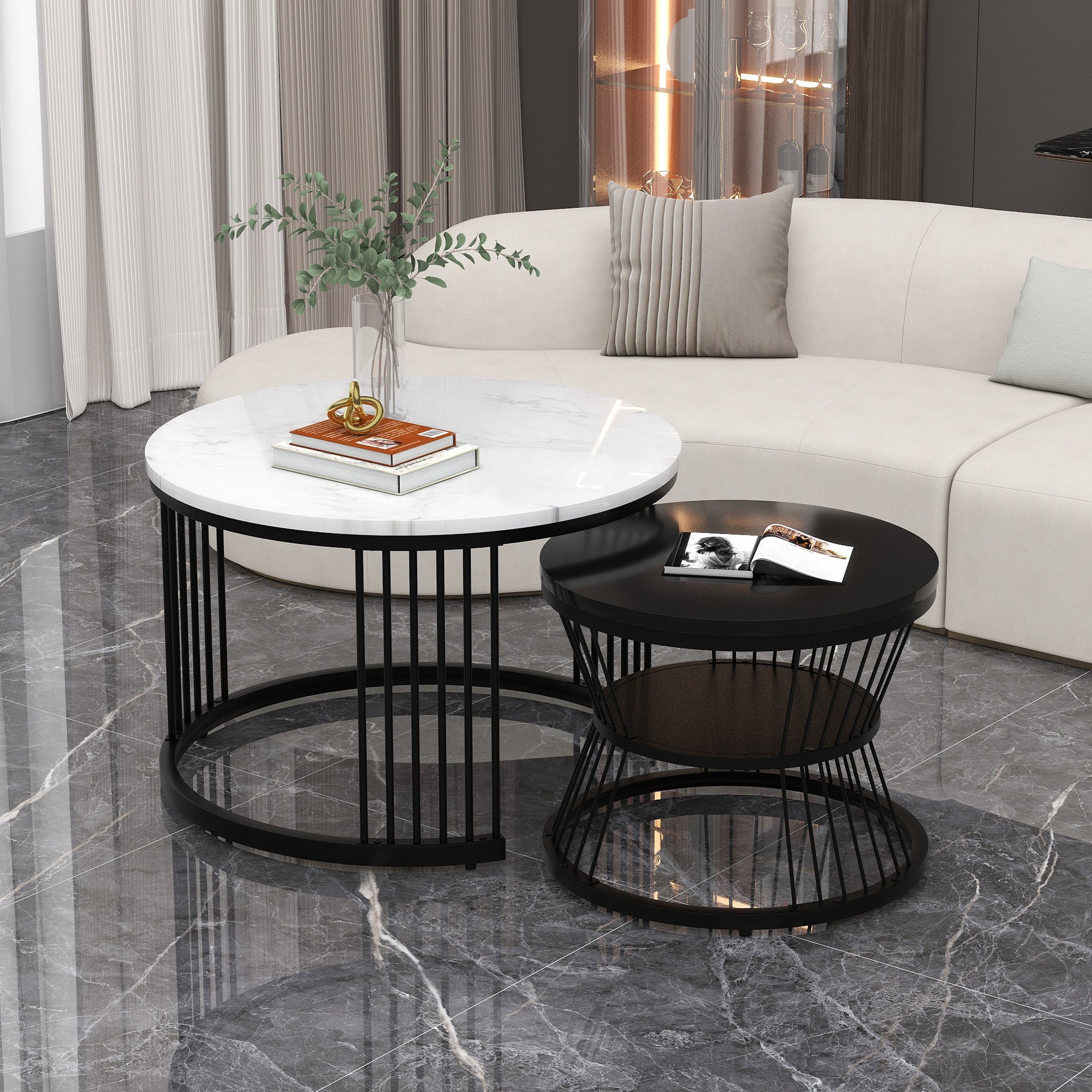 Modern Nesting Coffee Table, Coffee Table Set Marble Veneer Sofa Side Nest Of Tables Round End Tables, Set Of 2, Black Color Frame