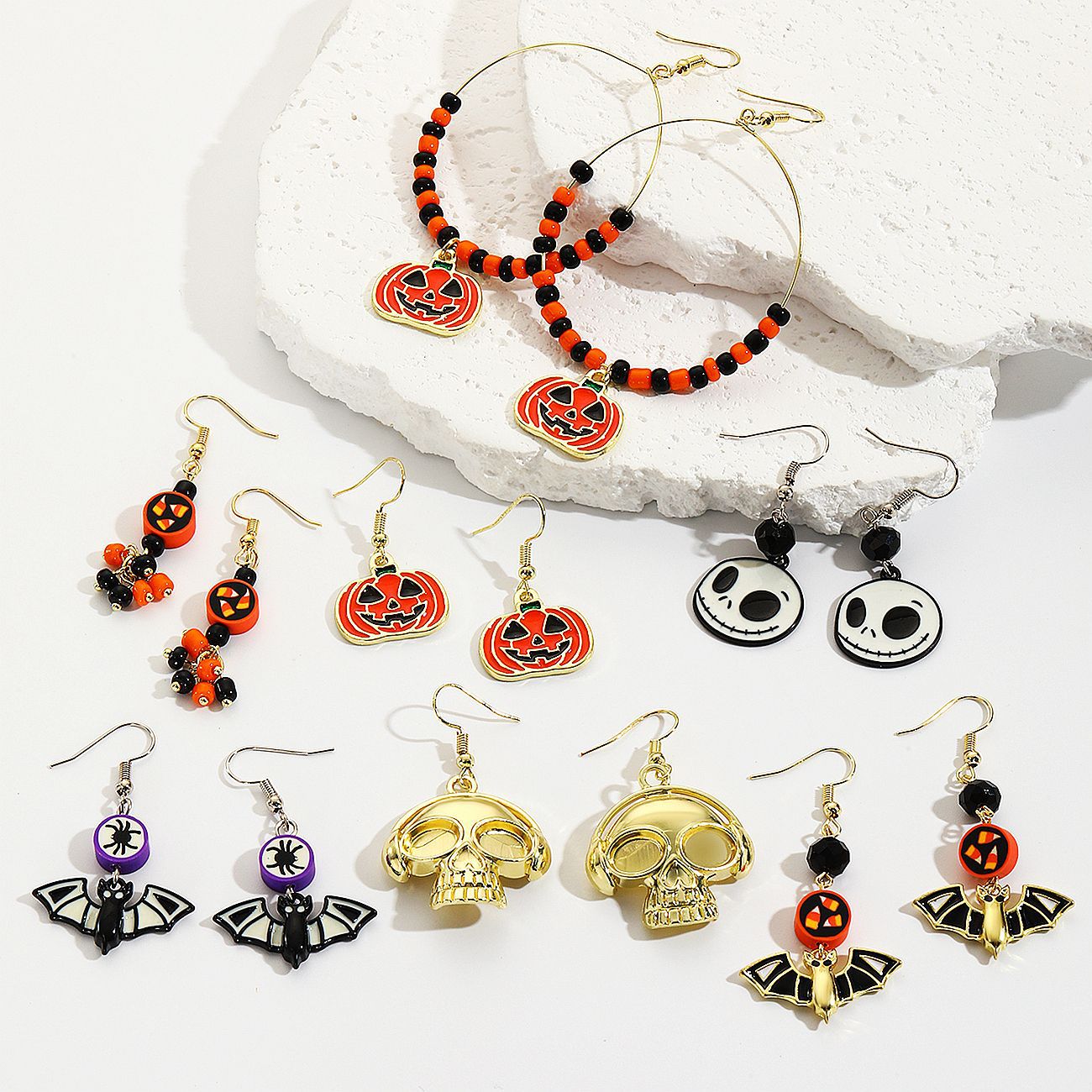 Halloween Pumpkin Skull Bat Earrings Set