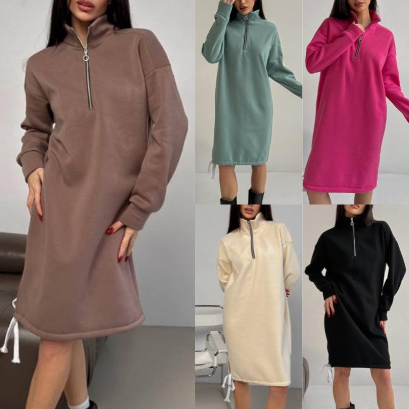 High-neck Half-zip Sweatshirt Dress Warm Fleece Skirt