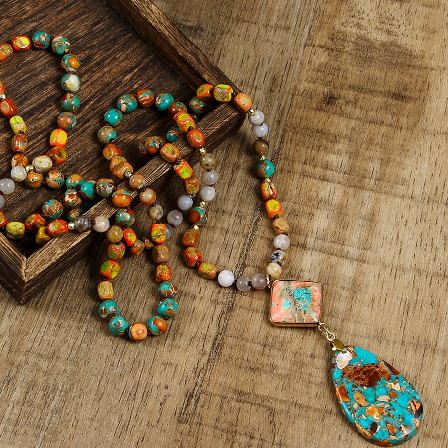 Natural Stone Knotted Necklace Diamond Drop Pendant Necklace