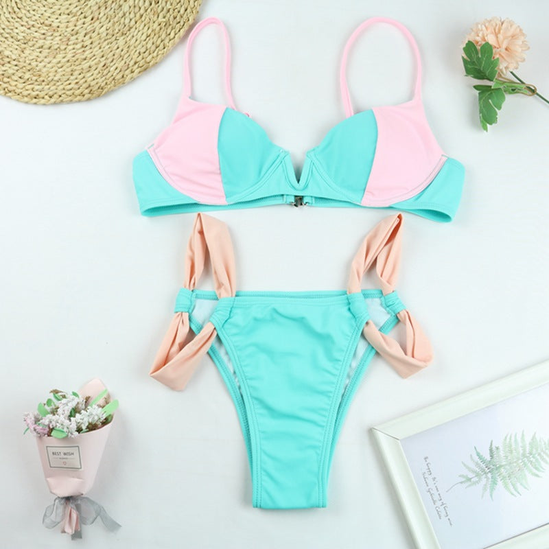 Sexy V-neck Bikini Stitching Ribbon Halter
