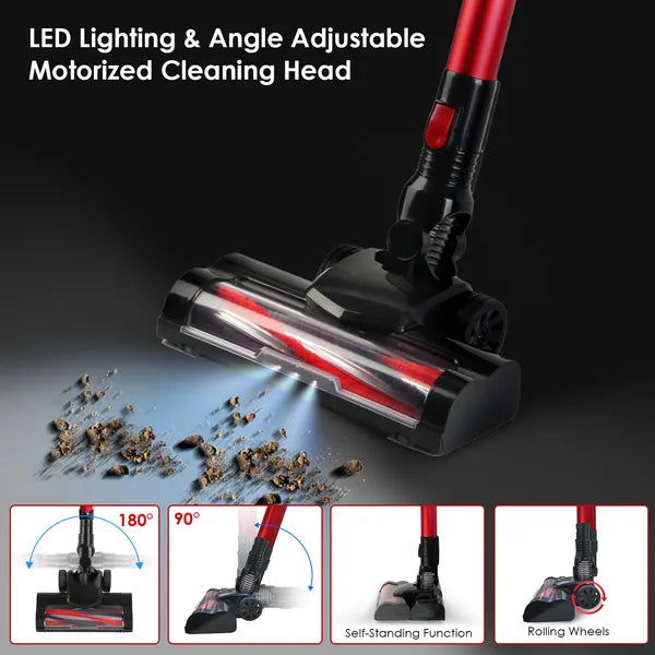 Cordless Vacuum Cleaner Lightweight Handheld Vacuum Upright Stick Floor Vacuum Battery Powered Mop With Lighting 2 Speeds 12000PA Suction 4 Tools Mount Bracket 180° Foldable