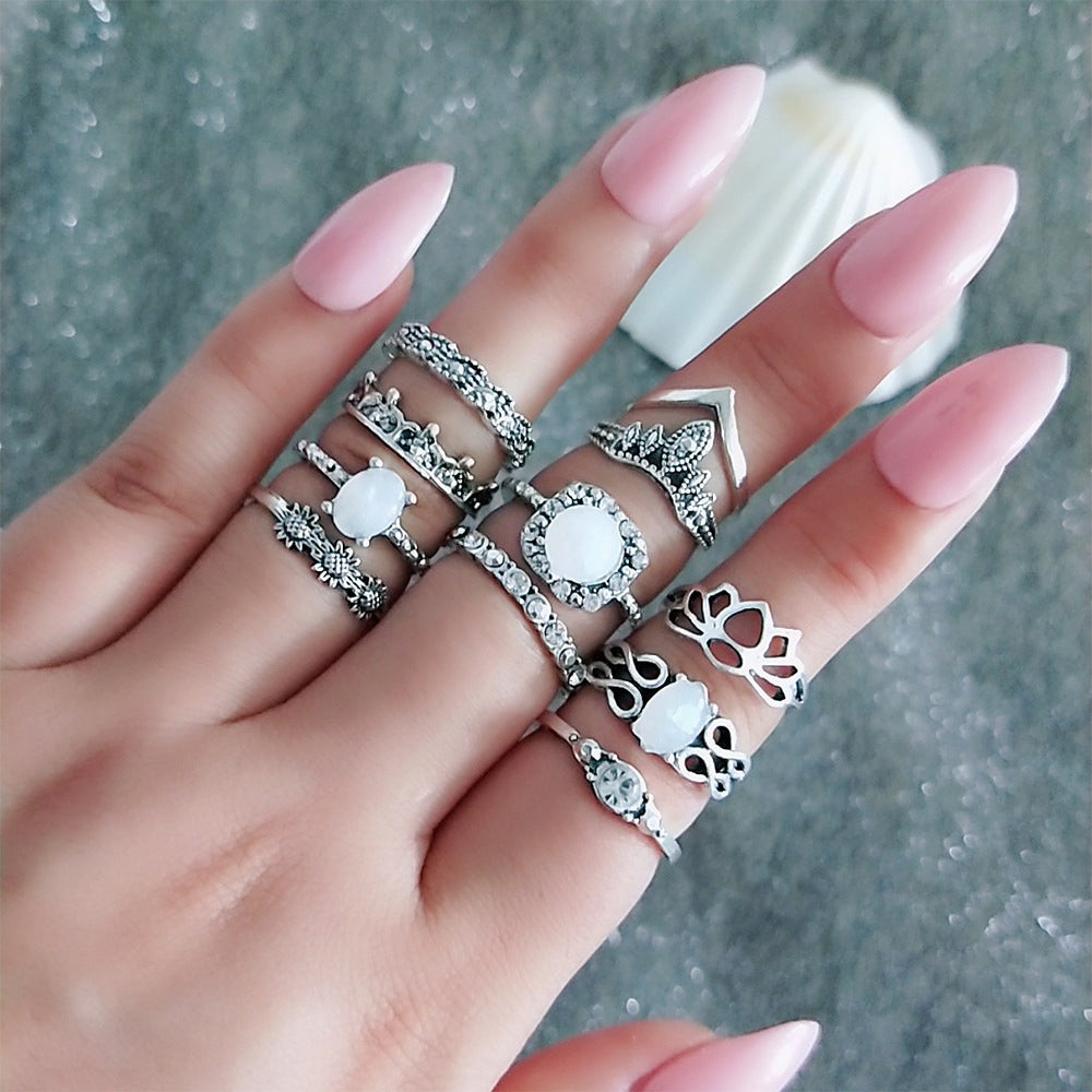 Retro Totem Gemstone Hollow Joint Ring 11-piece Ring Female