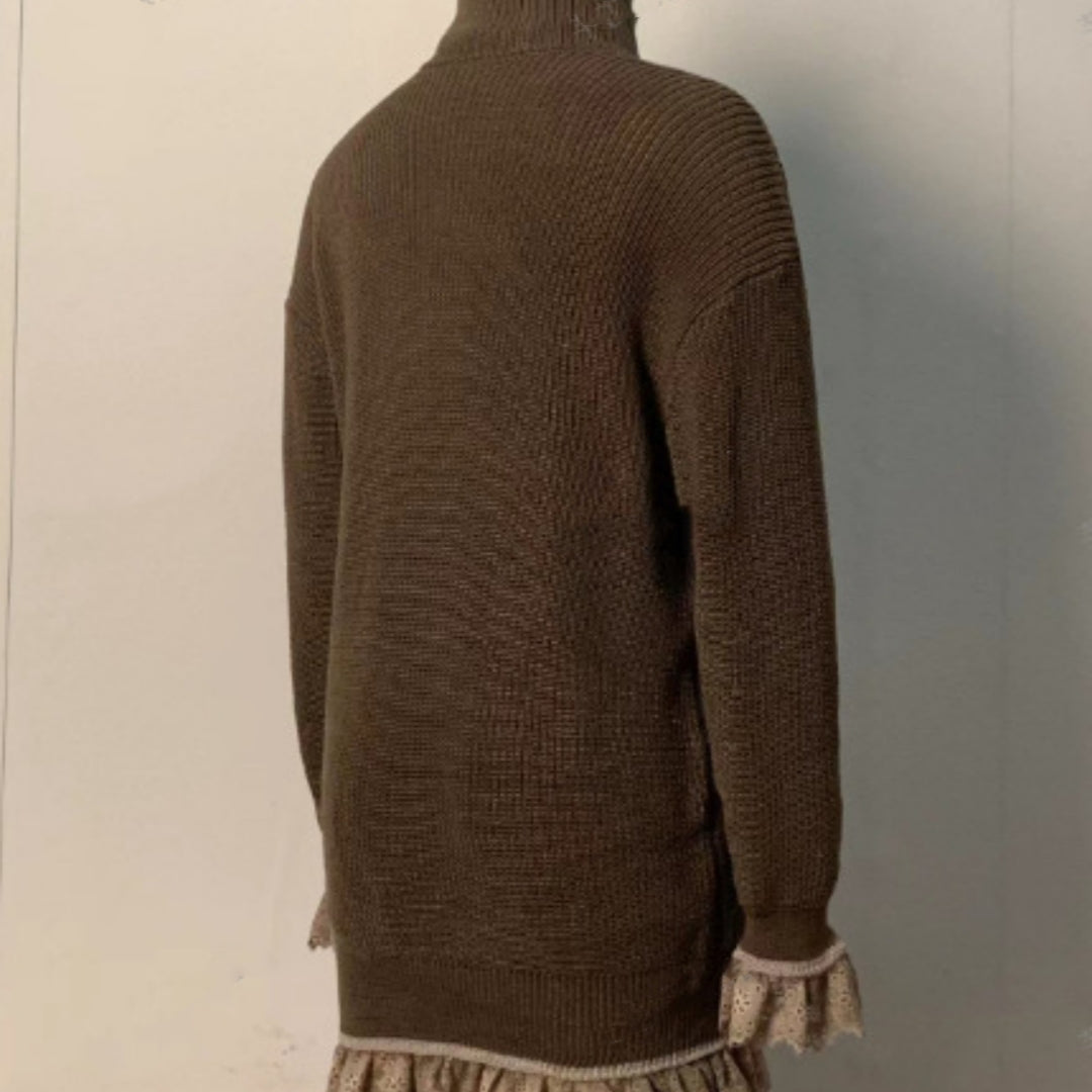 Knitted High-neck Ruffled Long-sleeve Gray Sweater