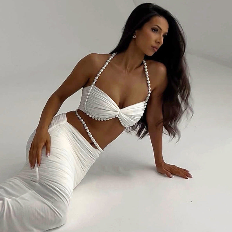 Pearl Decoration Sexy Navel Wrapped Chest Low Waist Hip-wrapped Long Skirt Suit