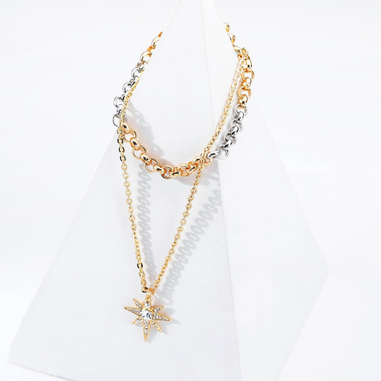 Double-Layer Chain Necklace Temperament Two-Color Stitching Six-Pointed Star Pendant Necklace