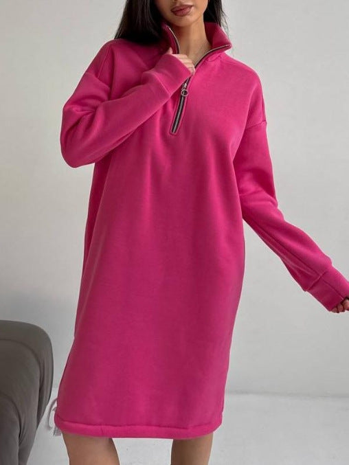 High-neck Half-zip Sweatshirt Dress Warm Fleece Skirt