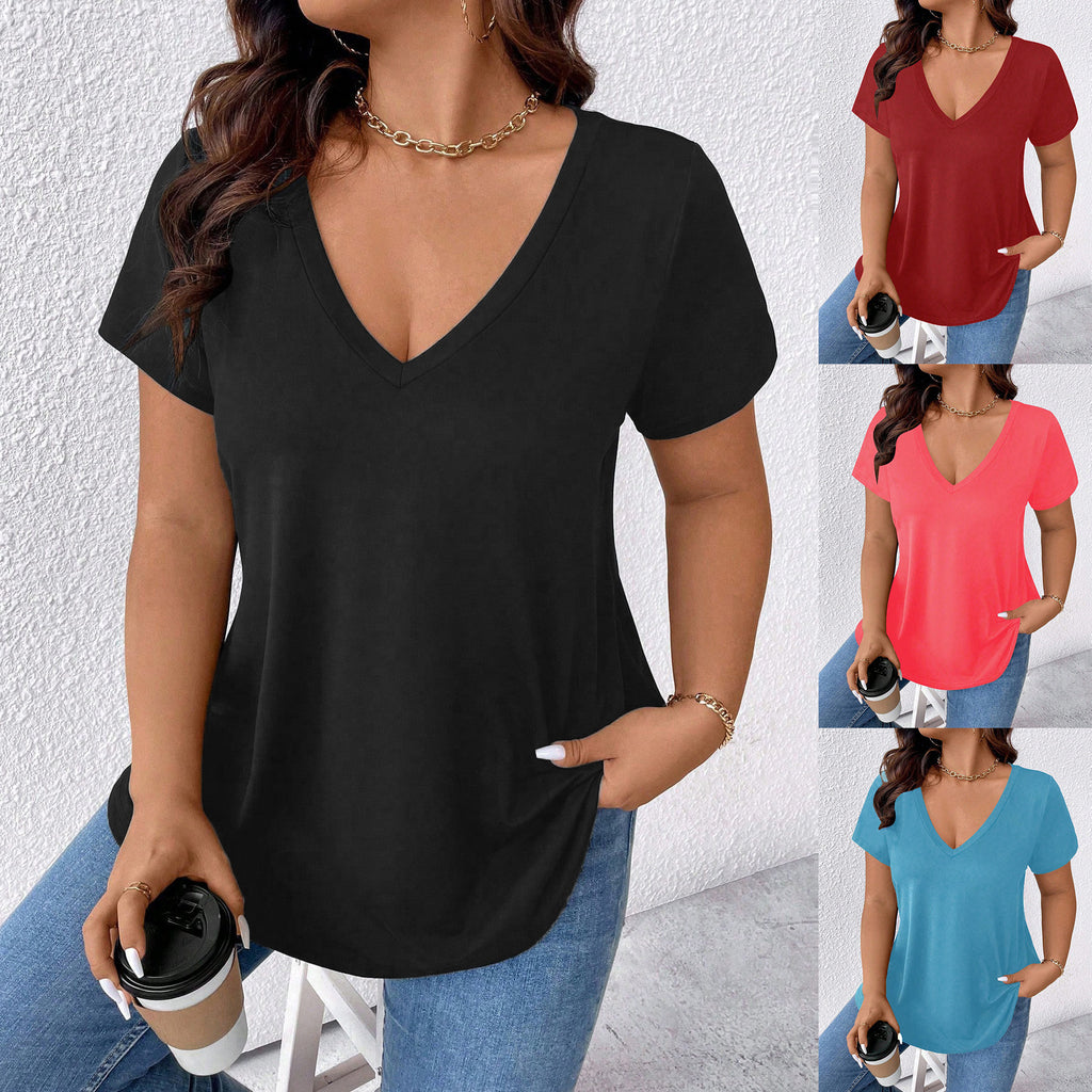 Beauty Solid Color V-neck Casual Short-sleeve T-shirt Women's Top
