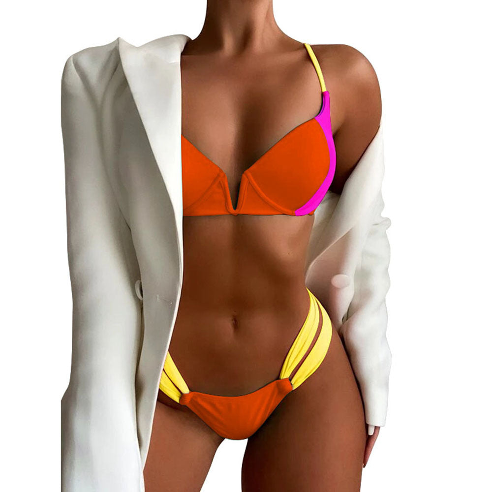 Sexy V-neck Bikini Stitching Ribbon Halter