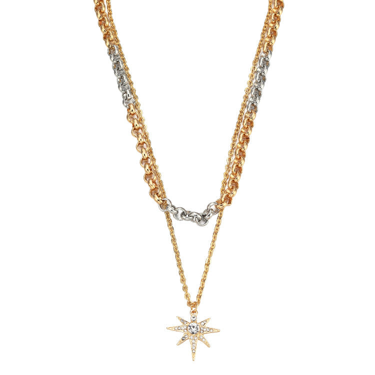 Double-Layer Chain Necklace Temperament Two-Color Stitching Six-Pointed Star Pendant Necklace