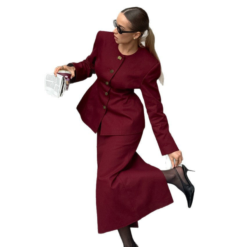 Round-neck Long-sleeved Jacket With Slit Skirt Women's Fashion Casual Two-piece Set
