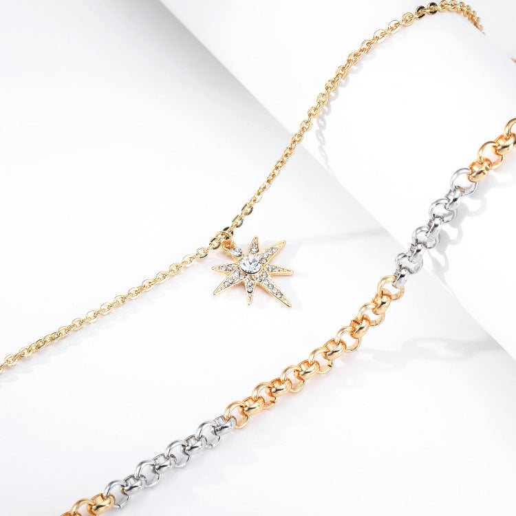 Double-Layer Chain Necklace Temperament Two-Color Stitching Six-Pointed Star Pendant Necklace