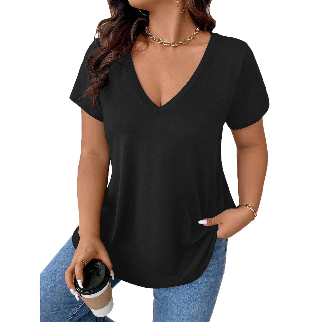 Beauty Solid Color V-neck Casual Short-sleeve T-shirt Women's Top